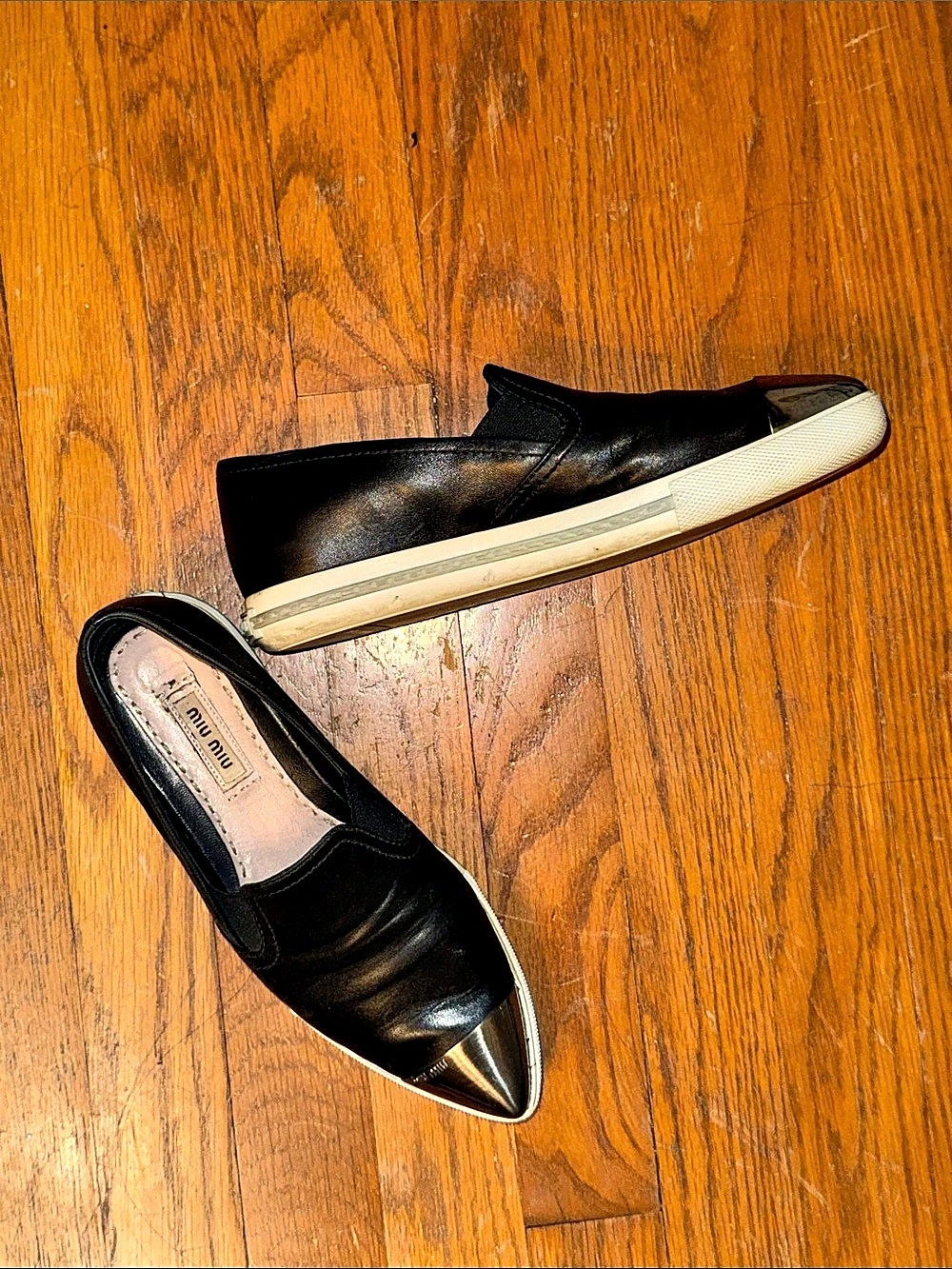 Miu silver Metal Cap Toe Slip On Sneakers Black flats work buisness SIZE 36